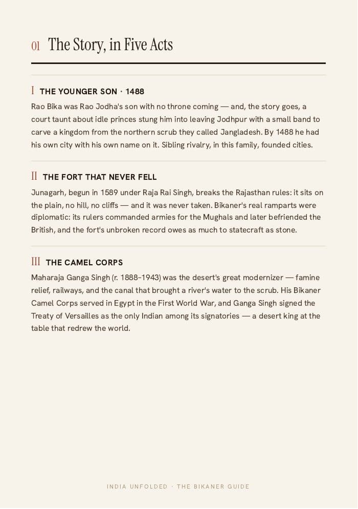 The story, in 5 acts — a page from The Bikaner Guide