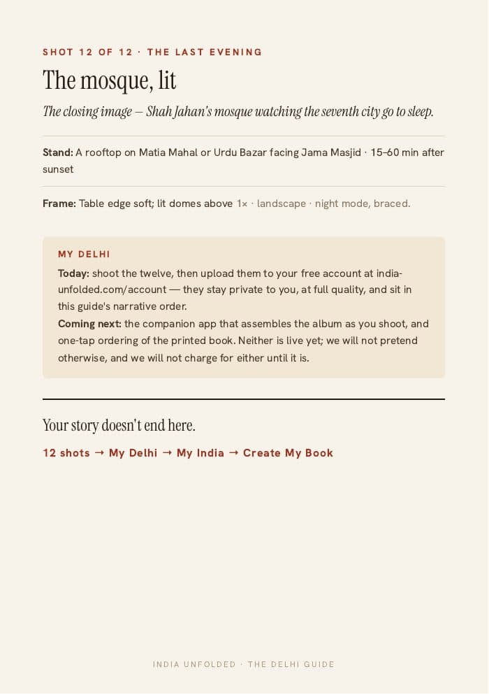 Shot 12 of 12 — the closing memory — a page from The Delhi Guide