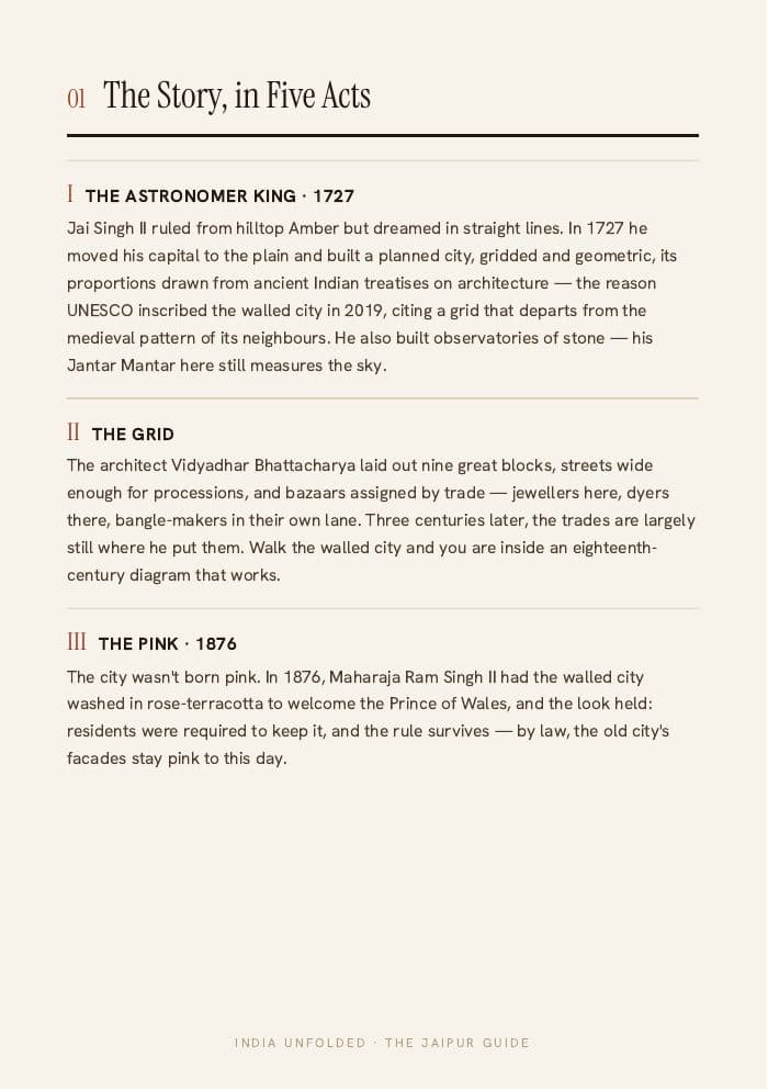 The story, in 5 acts — a page from The Jaipur Guide