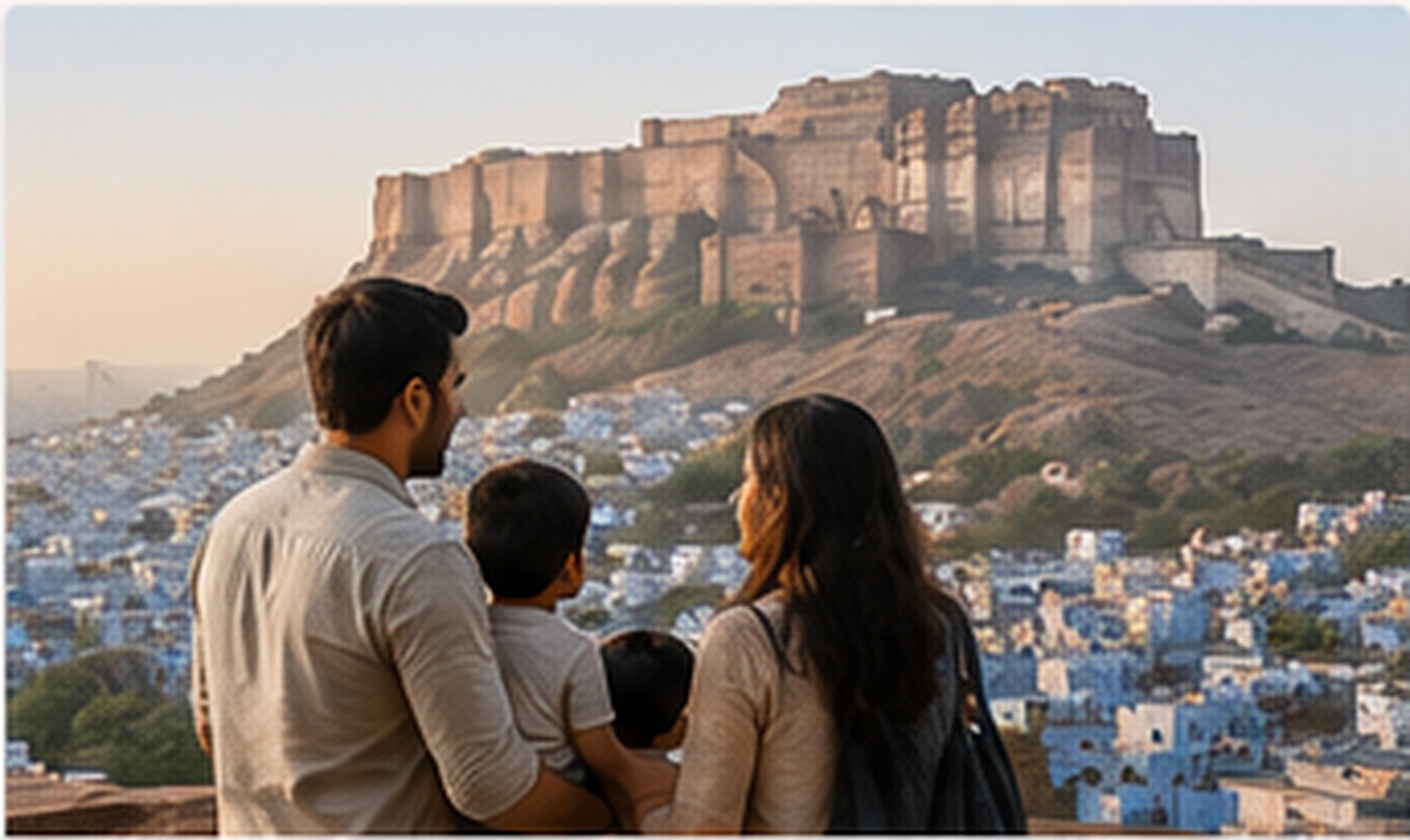 Example India Unfolded Jodhpur Shot List photograph: a family looking out over the Blue City toward Mehrangarh Fort at first light.