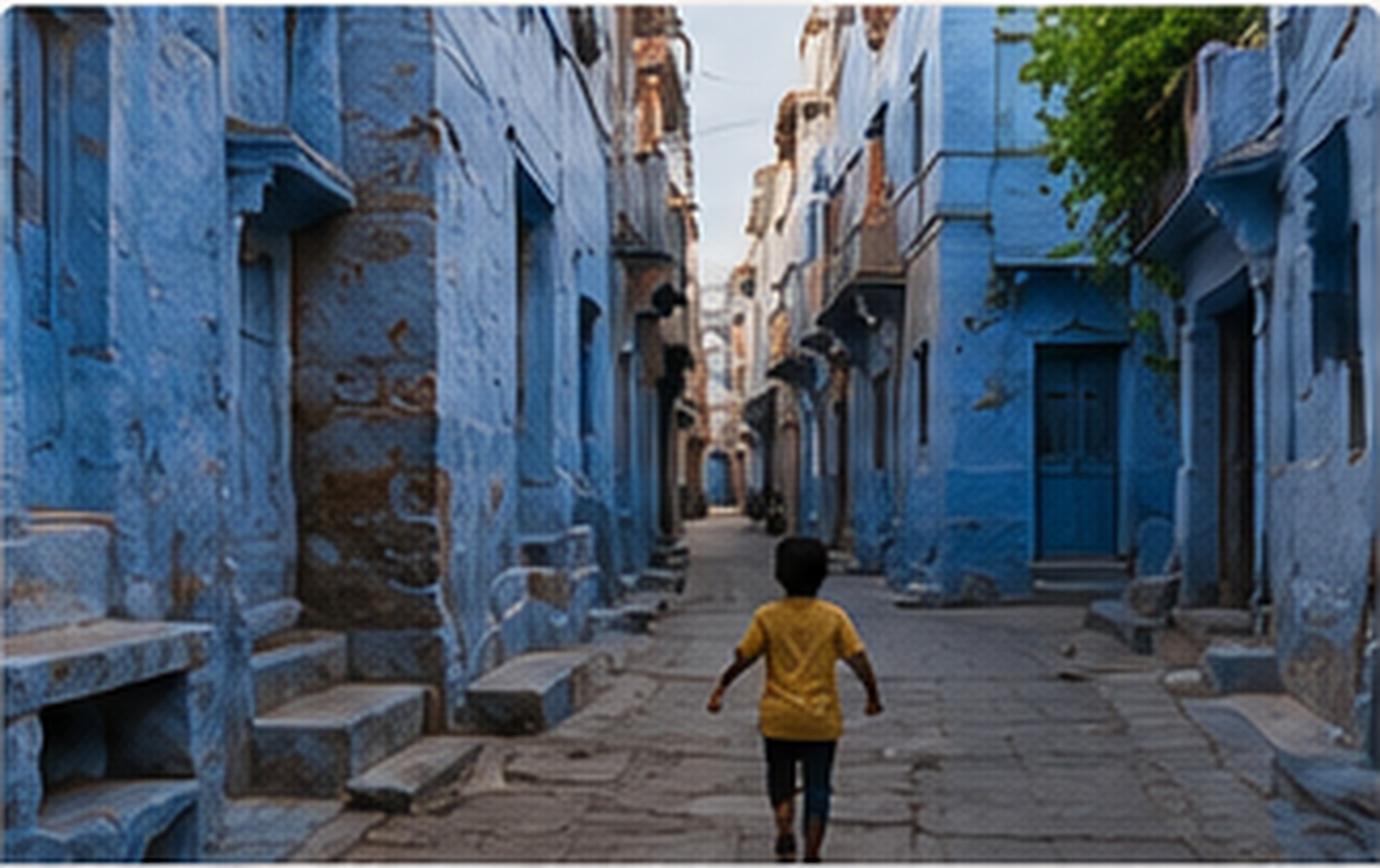 Example India Unfolded Jodhpur Shot List photograph: a child running down an indigo-walled lane in Jodhpur's old city.