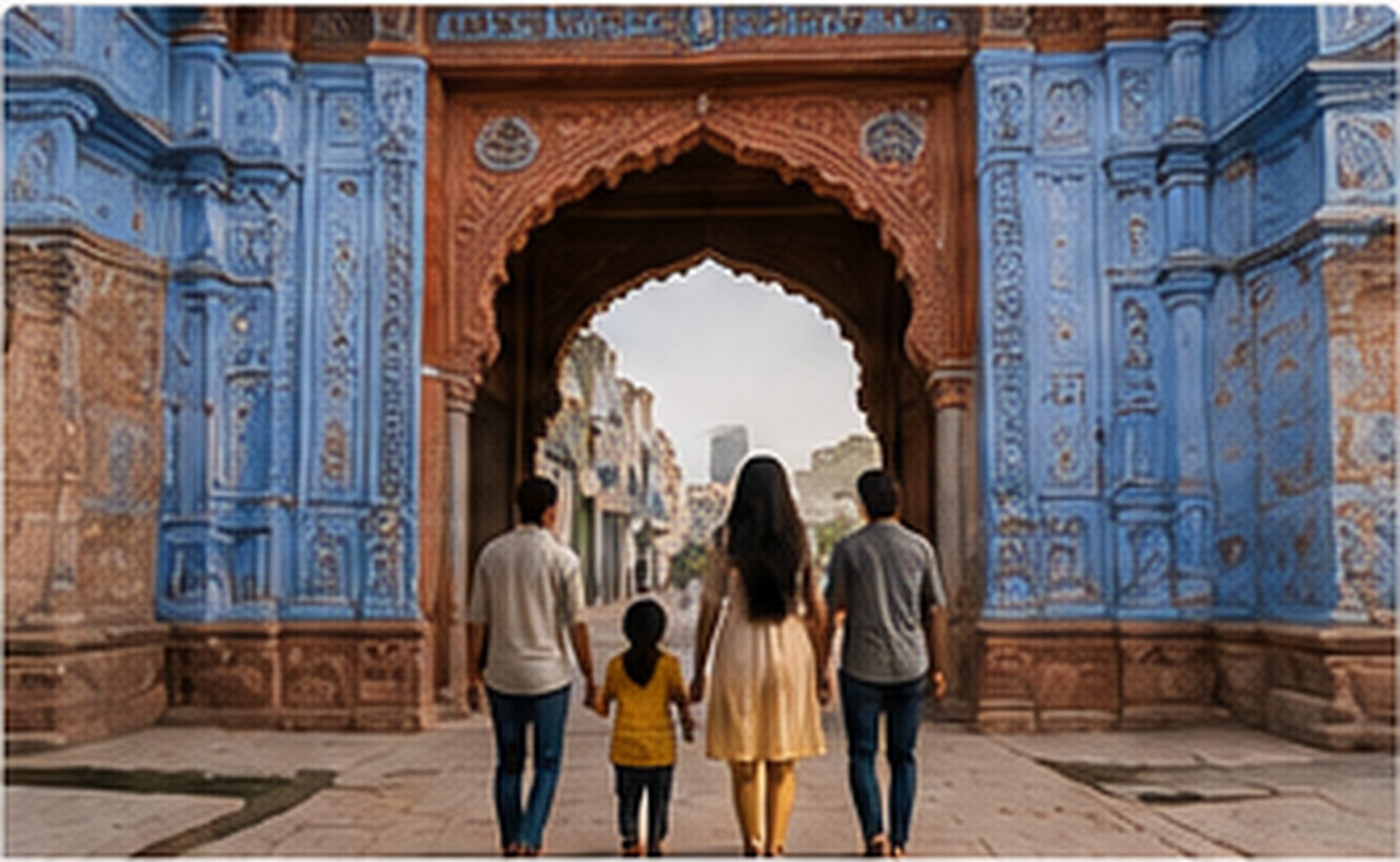 Example India Unfolded Jodhpur Shot List photograph: a family walking through a carved blue gateway in Jodhpur's old city.