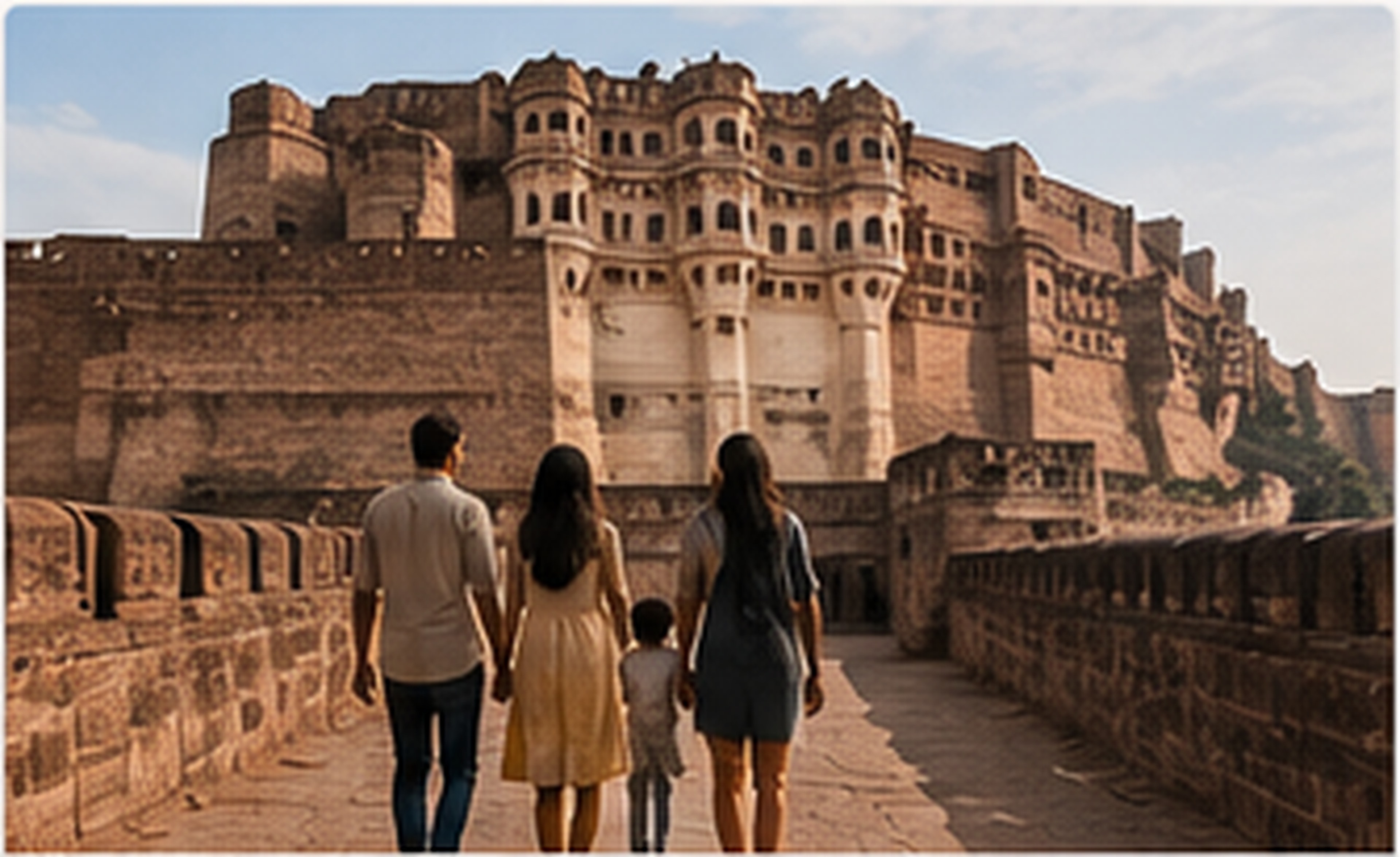 Example India Unfolded Jodhpur Shot List photograph: a family walking the ramp toward Mehrangarh's towering walls.