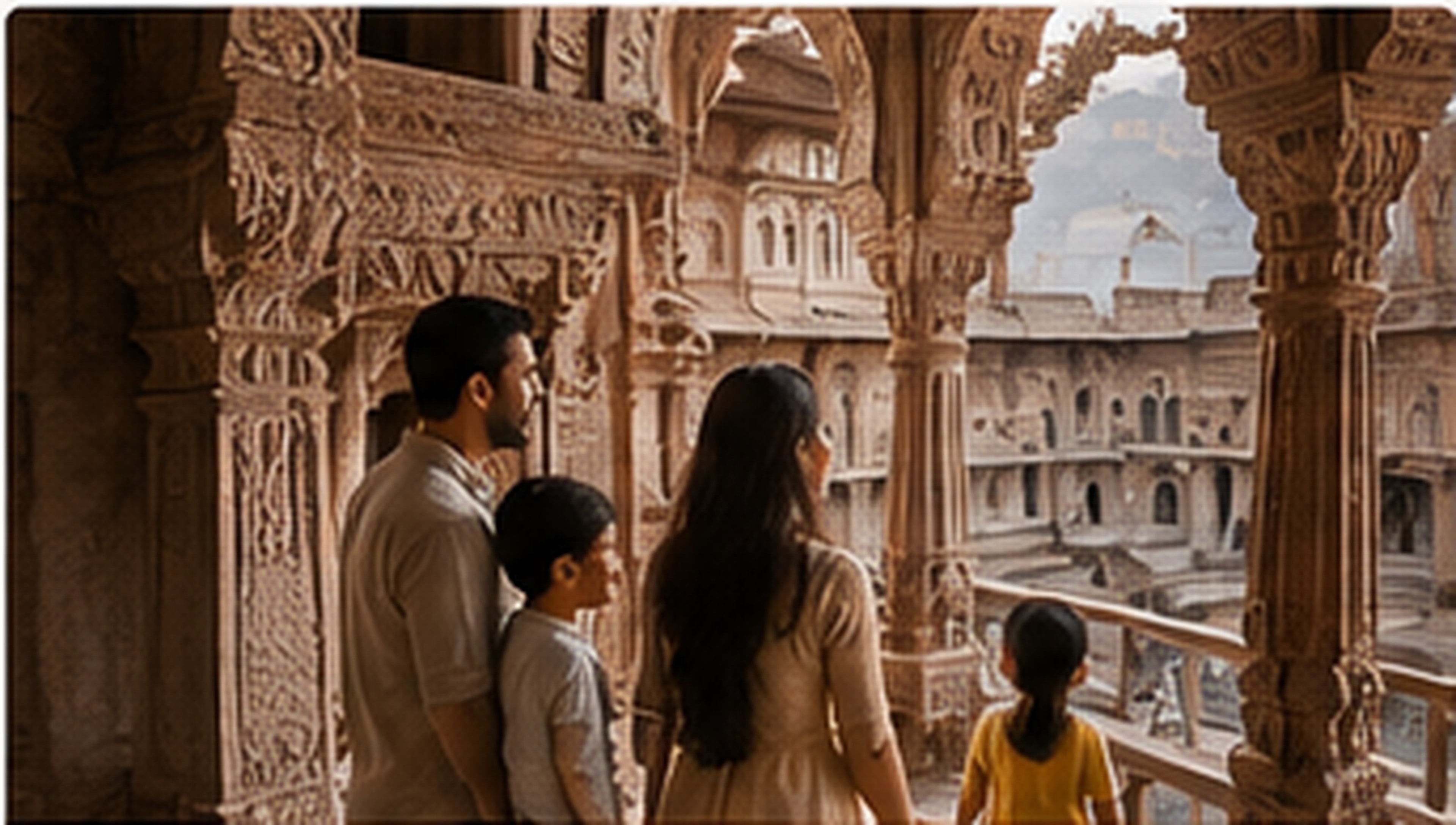 Example India Unfolded Jodhpur Shot List photograph: a family beneath carved sandstone screens inside Mehrangarh Fort.