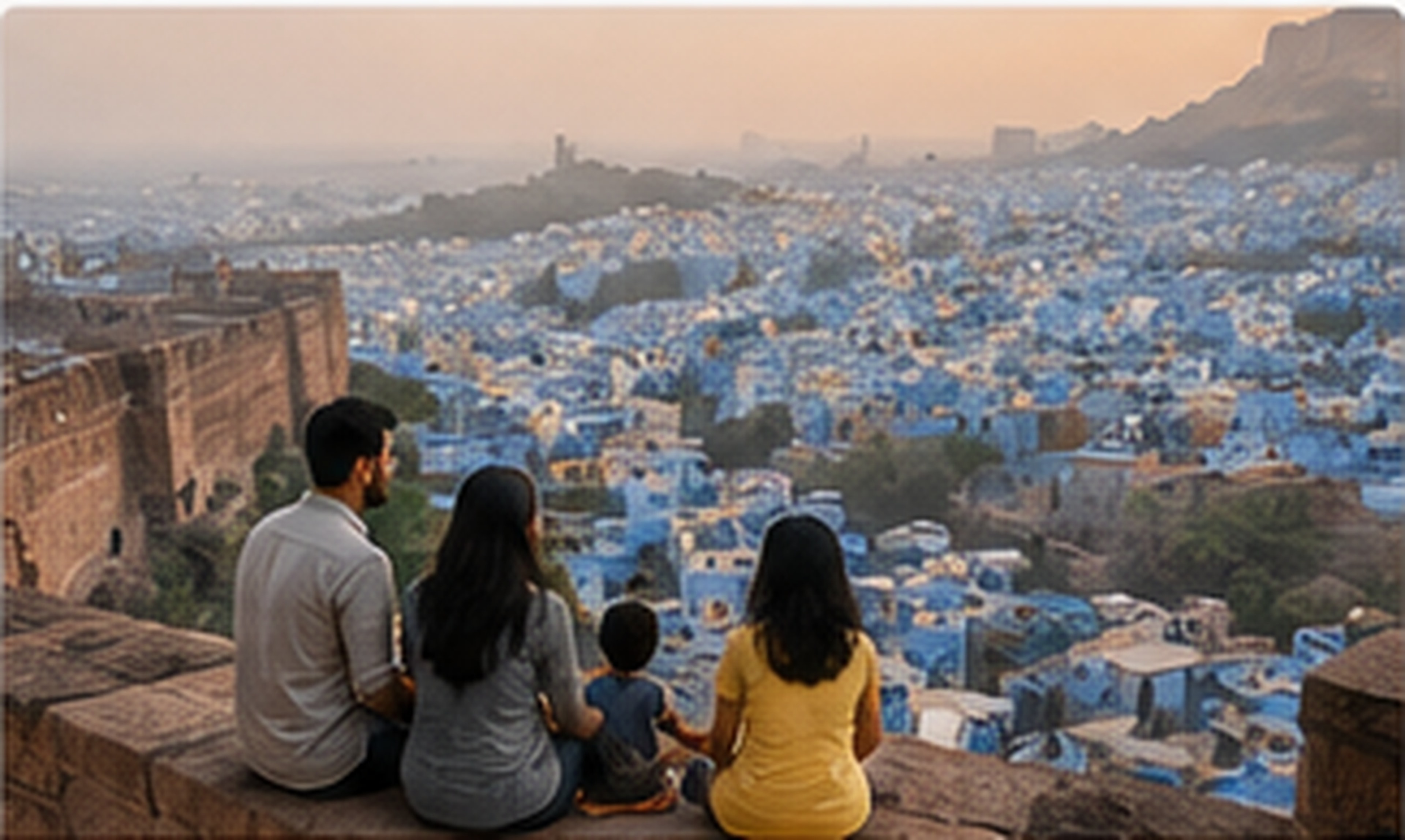 Example India Unfolded Jodhpur Shot List photograph: a family seated on Mehrangarh's ramparts looking down over the Blue City.