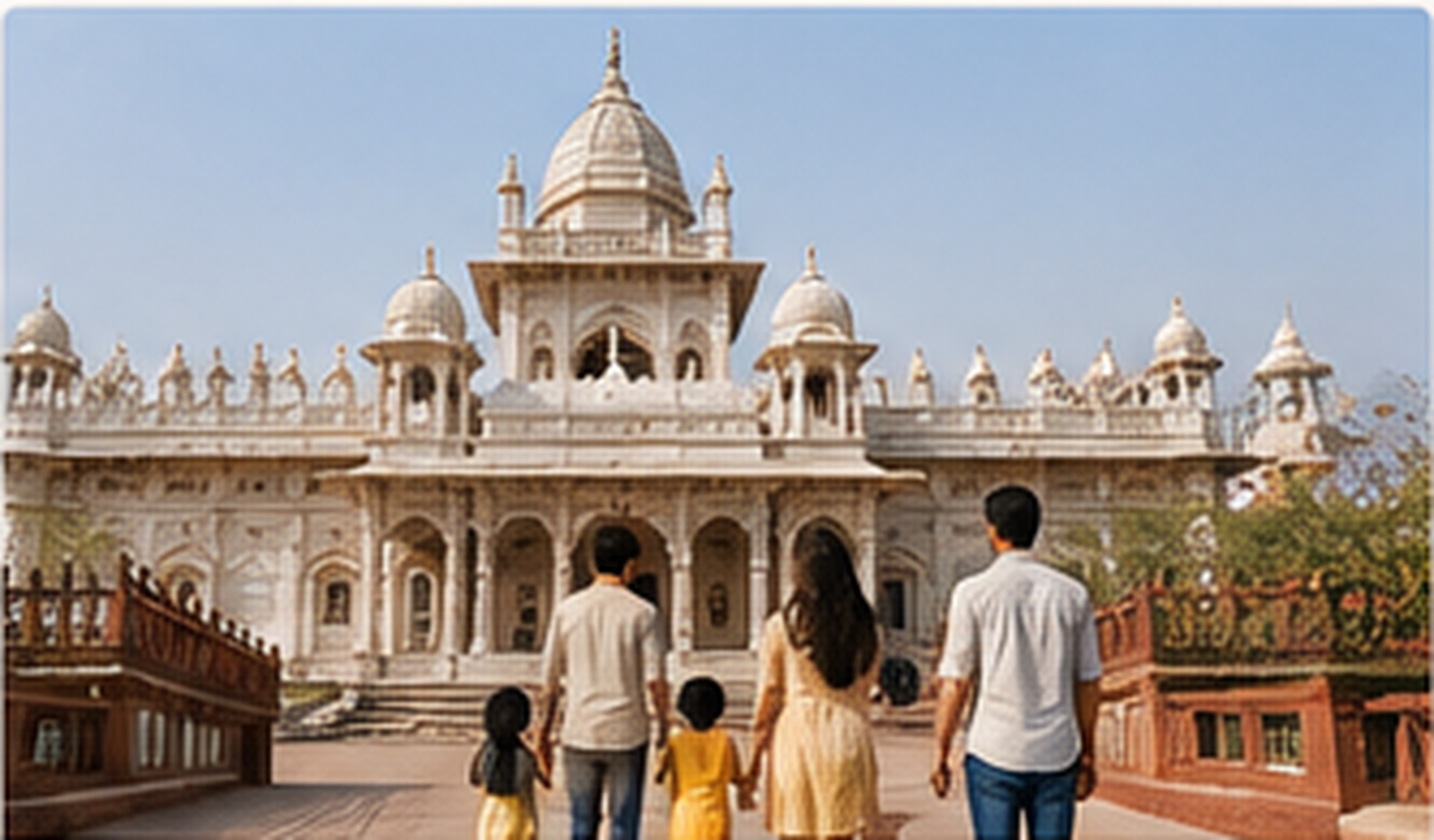 Example India Unfolded Jodhpur Shot List photograph: a family approaching the white marble cenotaph of Jaswant Thada.