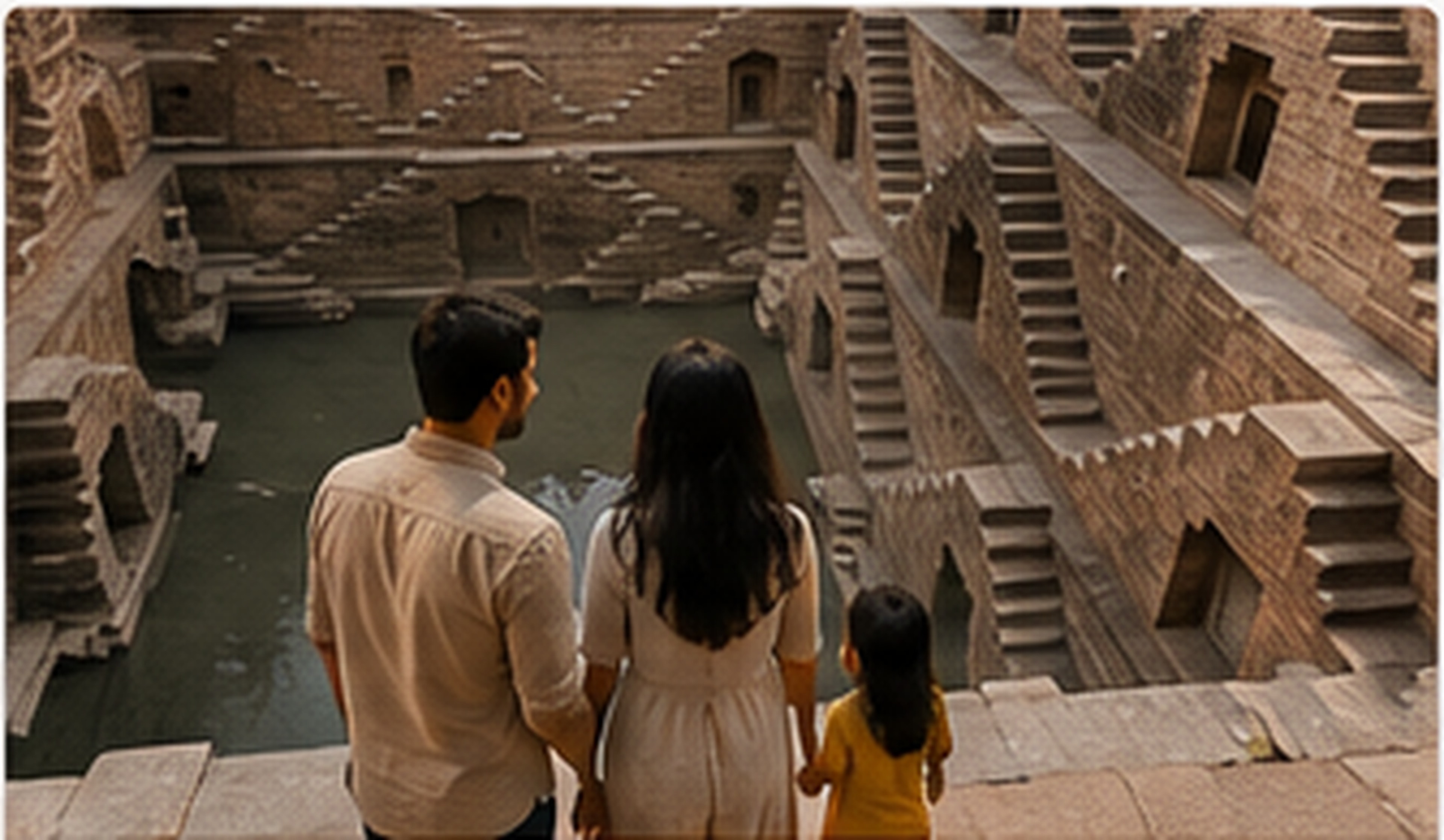 Example India Unfolded Jodhpur Shot List photograph: a family at the top step of Toorji Ka Jhalra stepwell, the geometry of steps descending to water.