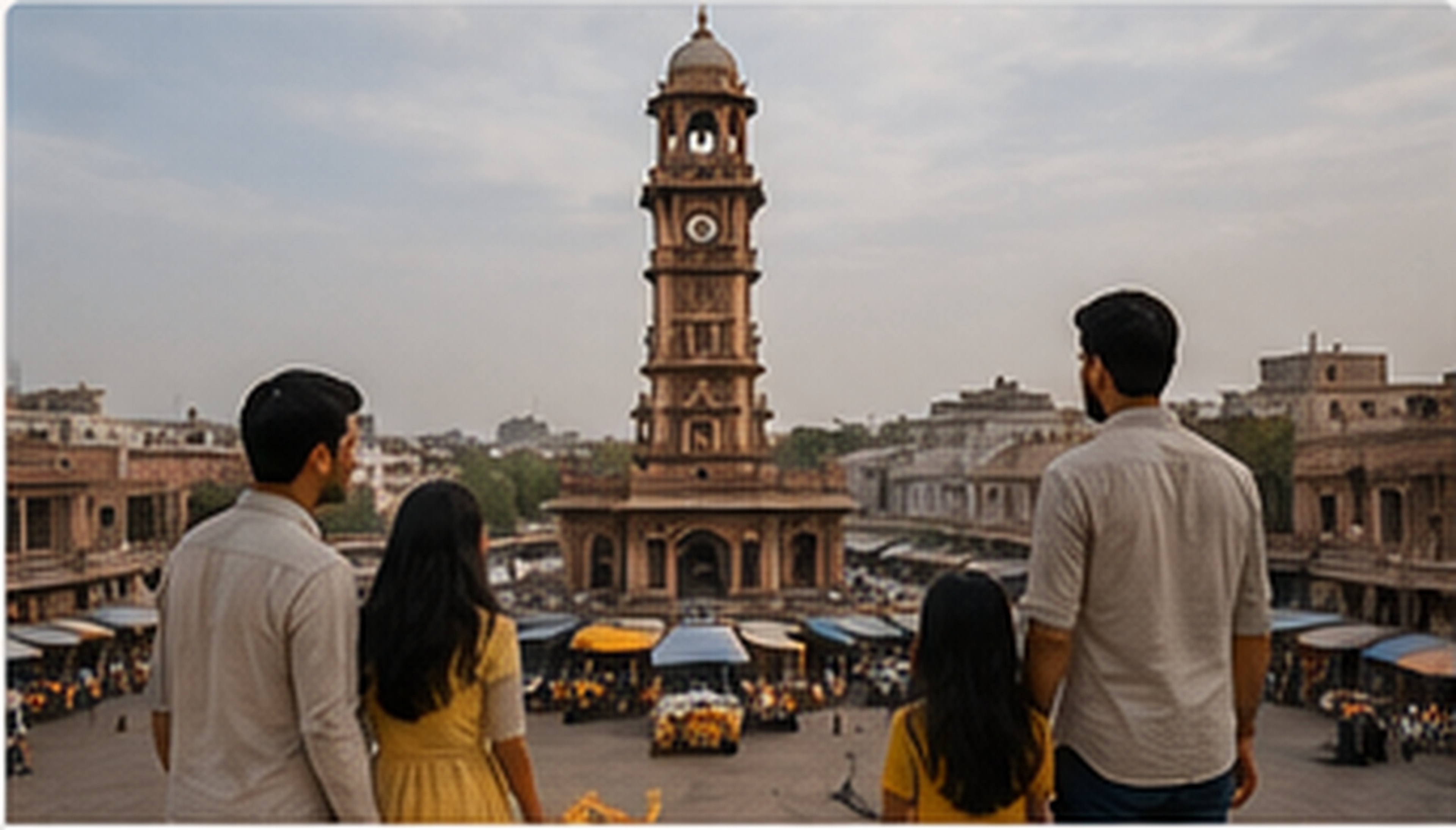 Example India Unfolded Jodhpur Shot List photograph: a family looking across Sardar Market toward Jodhpur's clock tower at dusk.