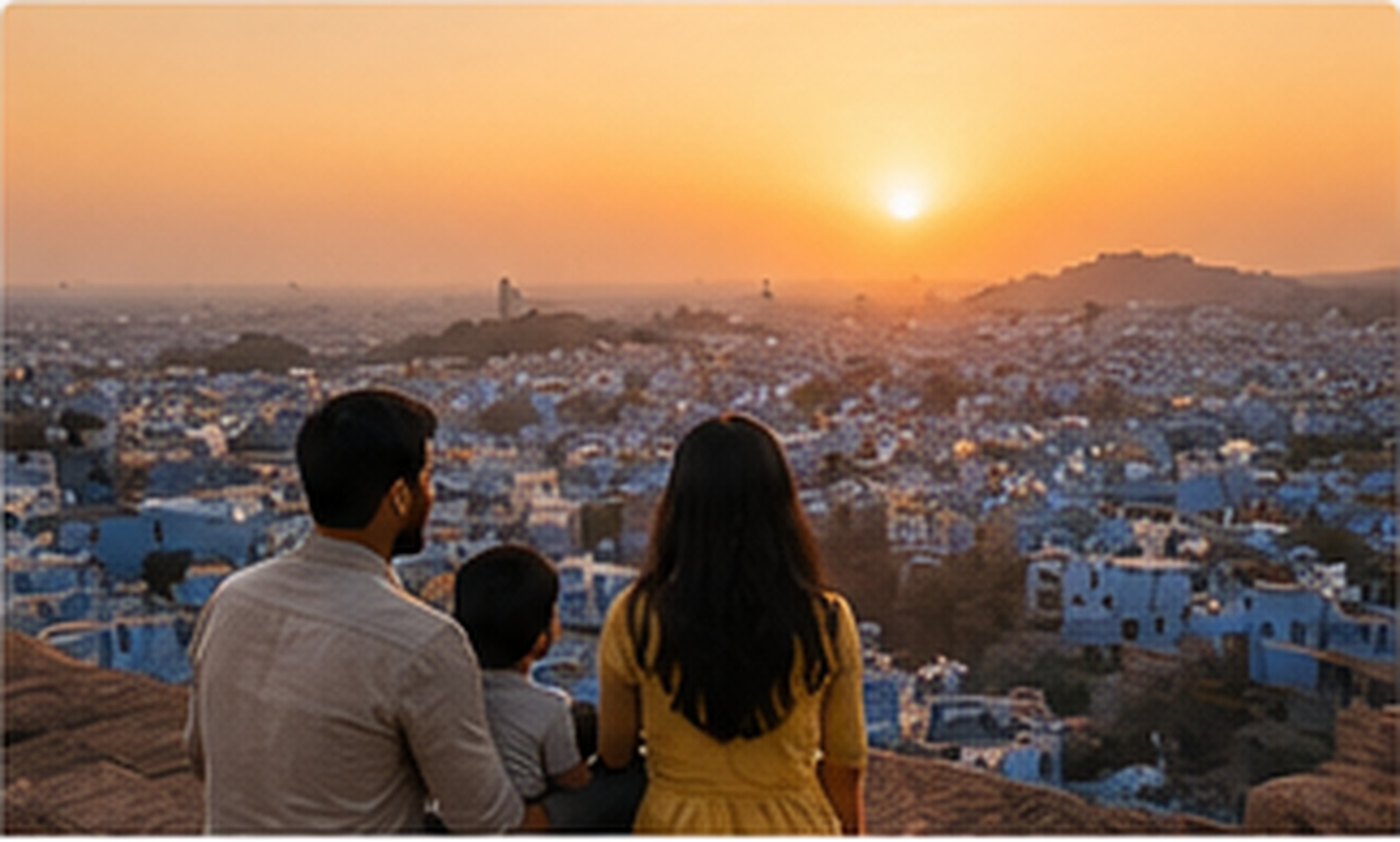 Example India Unfolded Jodhpur Shot List photograph: a family watching the sun set over the Blue City's rooftops.