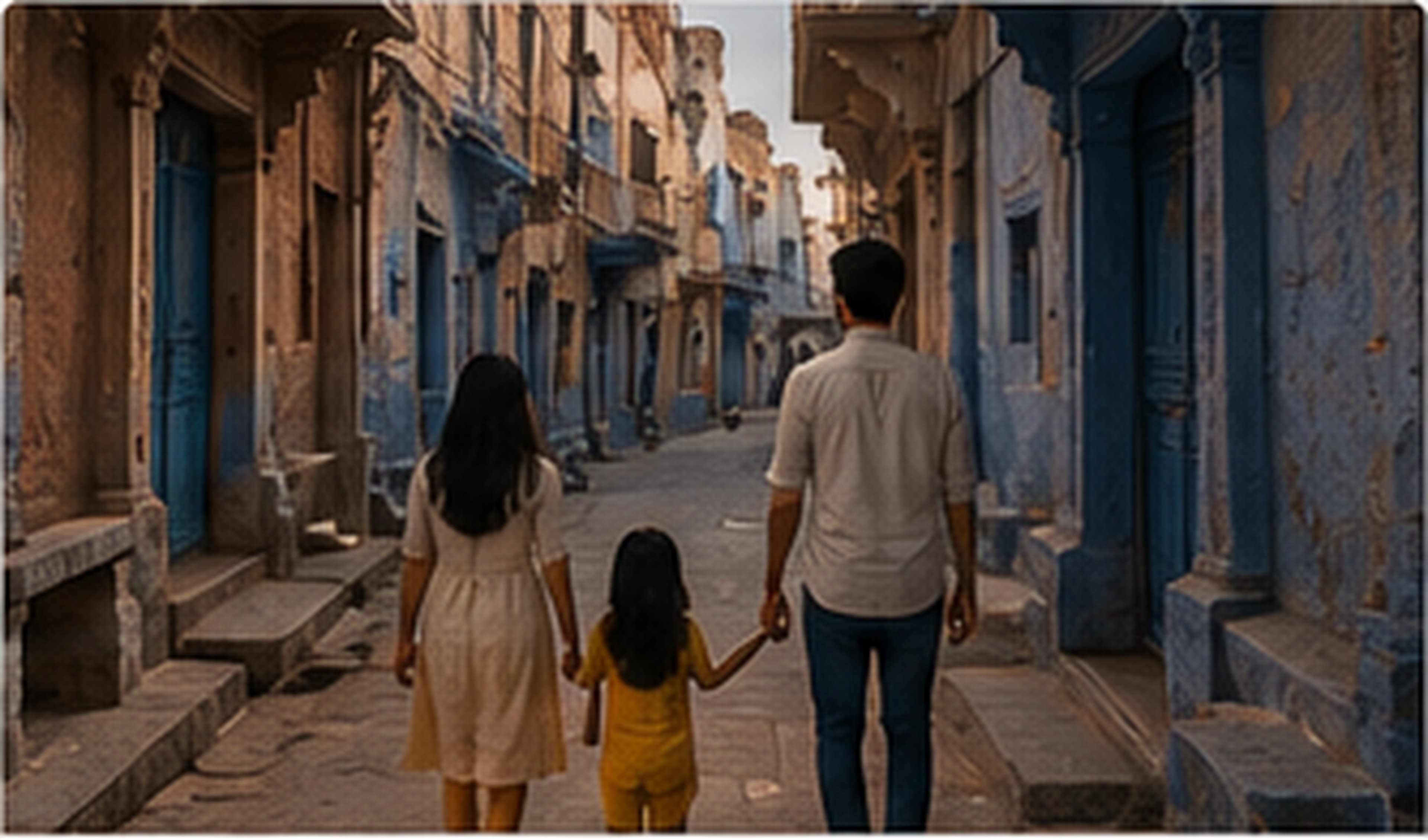 Example India Unfolded Jodhpur Shot List photograph: a family walking hand in hand through the old city's lanes at dusk.