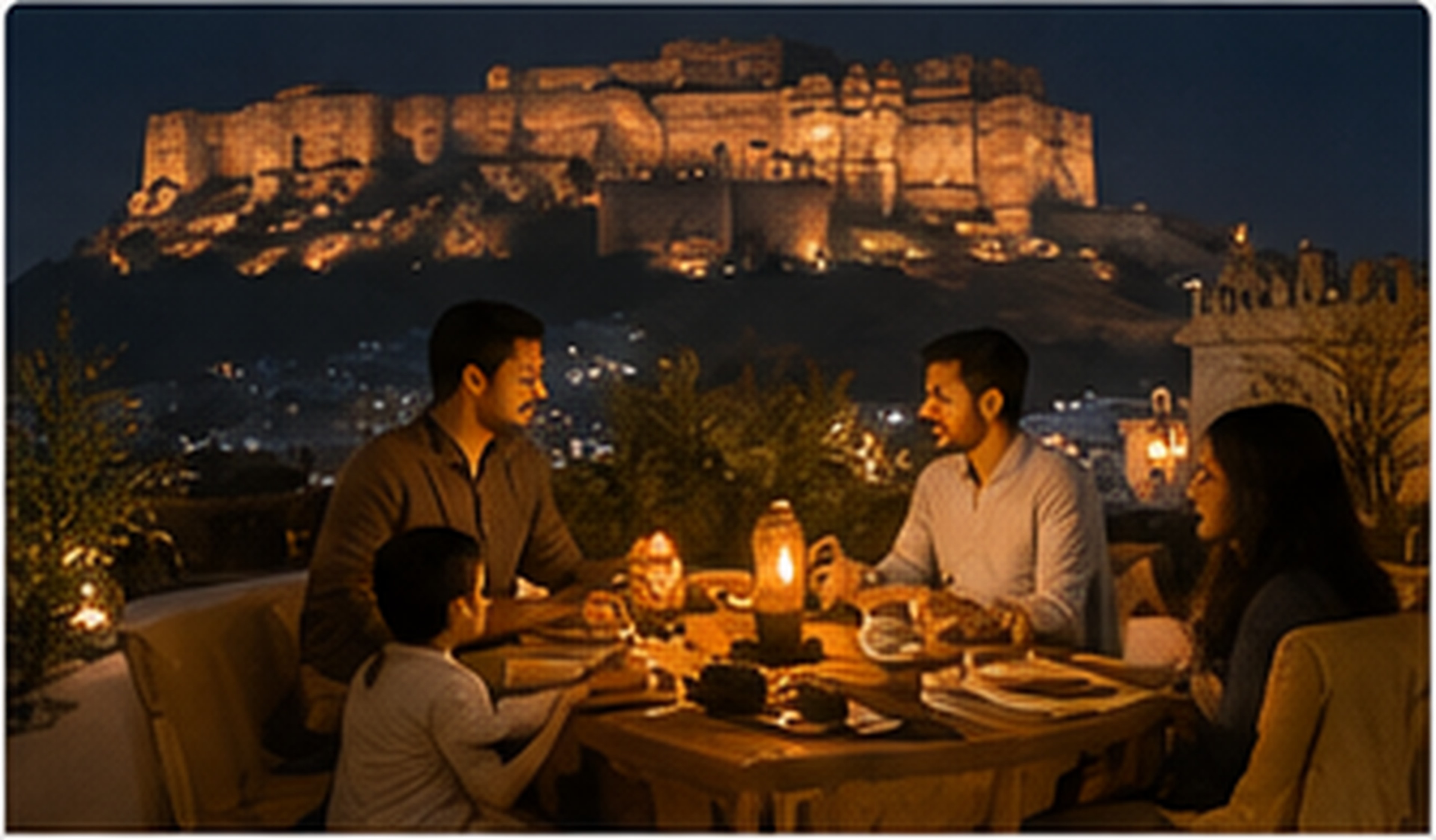Example India Unfolded Jodhpur Shot List photograph: a family at a rooftop dinner with Mehrangarh Fort floodlit above the city.