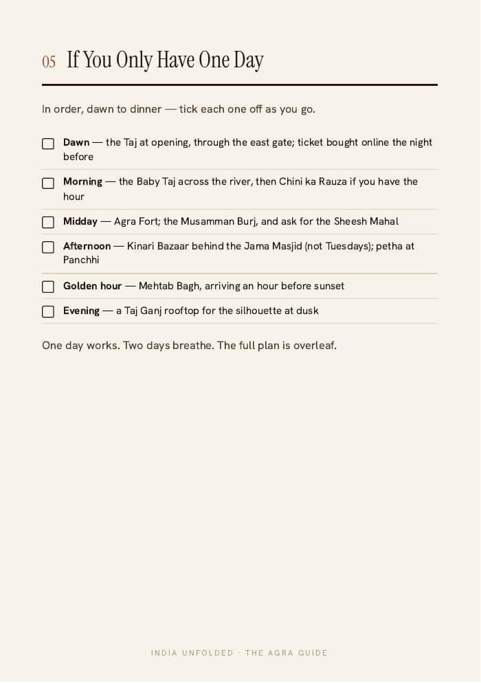If you only have one day — tick as you go — a page from The Agra Guide