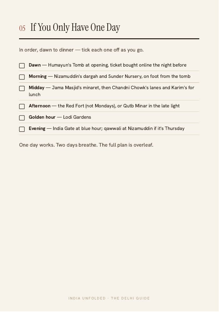 If you only have one day — tick as you go — a page from The Delhi Guide