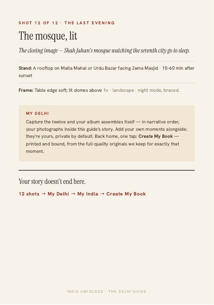 Shot 12 of 12 — the closing memory — a page from The Delhi Guide
