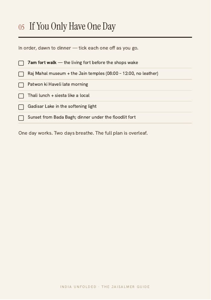 If you only have one day — tick as you go — a page from The Jaisalmer Guide