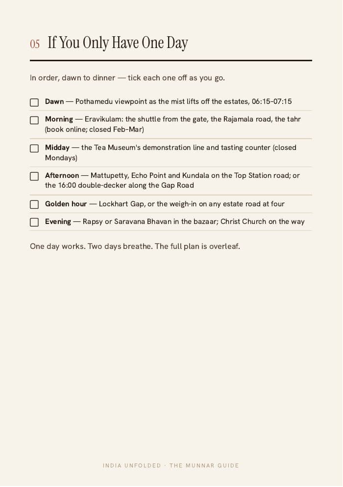 If you only have one day — tick as you go — a page from The Munnar Guide