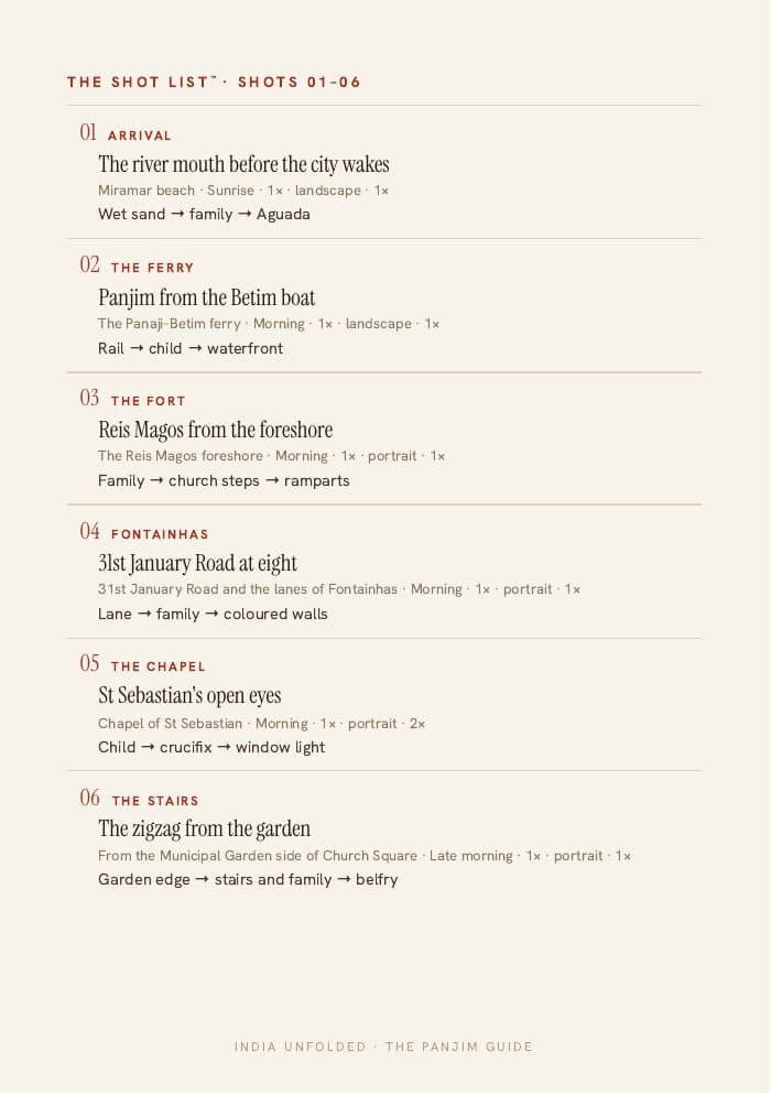 The Shot List™ — twelve frames — a page from The Panjim Guide