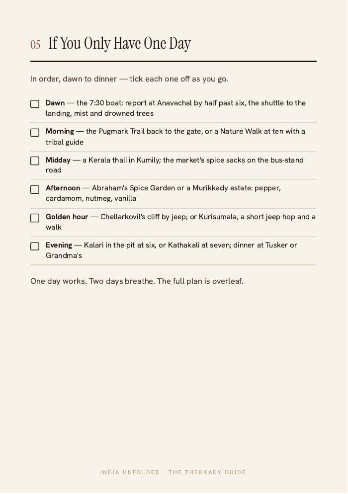If you only have one day — tick as you go — a page from The Thekkady Guide